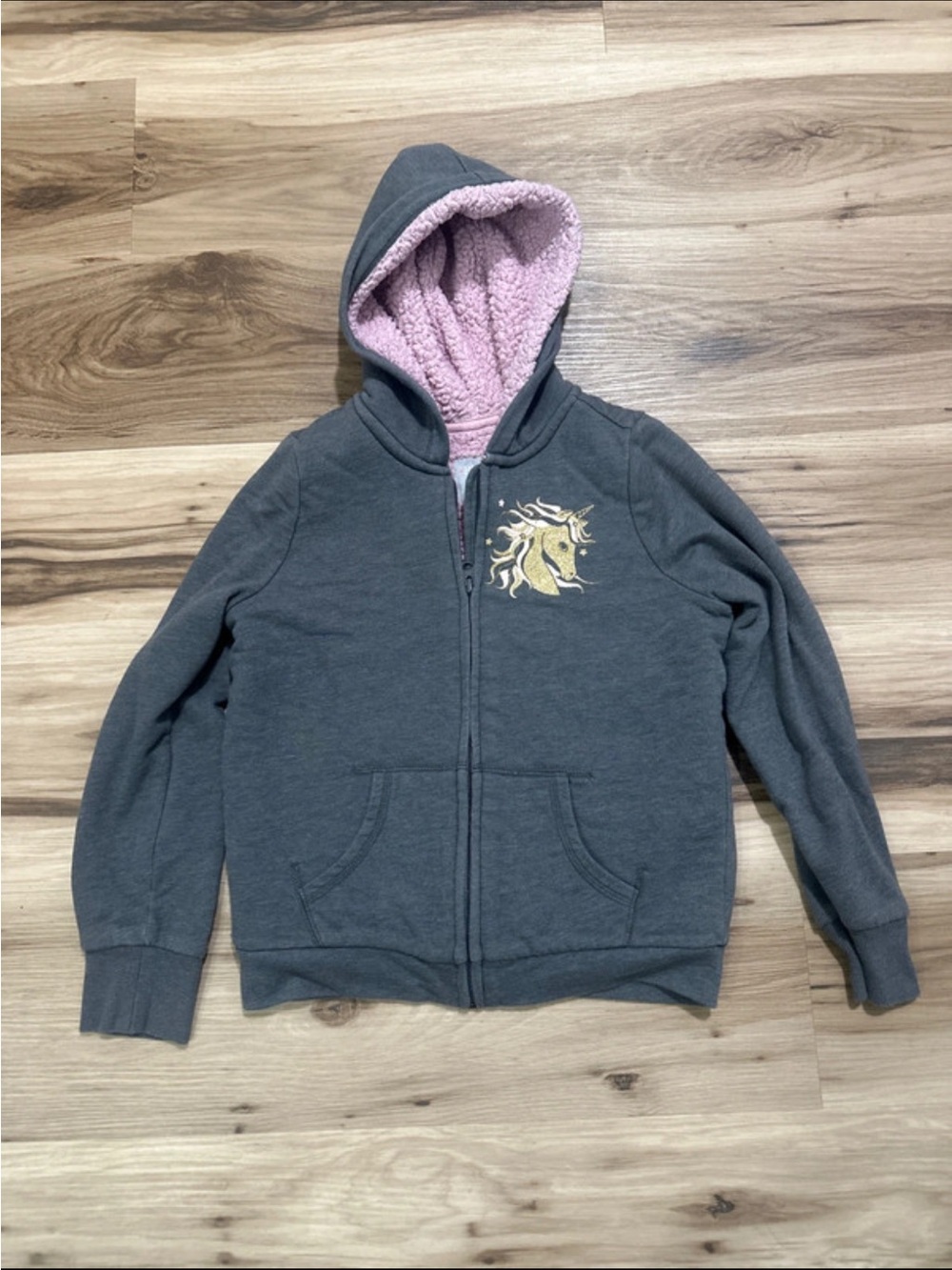 The Children's Place Gray Zip Hoodie with Pink Sherpa Lining and Yellow Unicorn